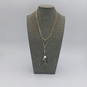 Silver Toned Charm Necklace Paris Eifel Tower Heart Faux Pearl Chain 32" + 3" Ex